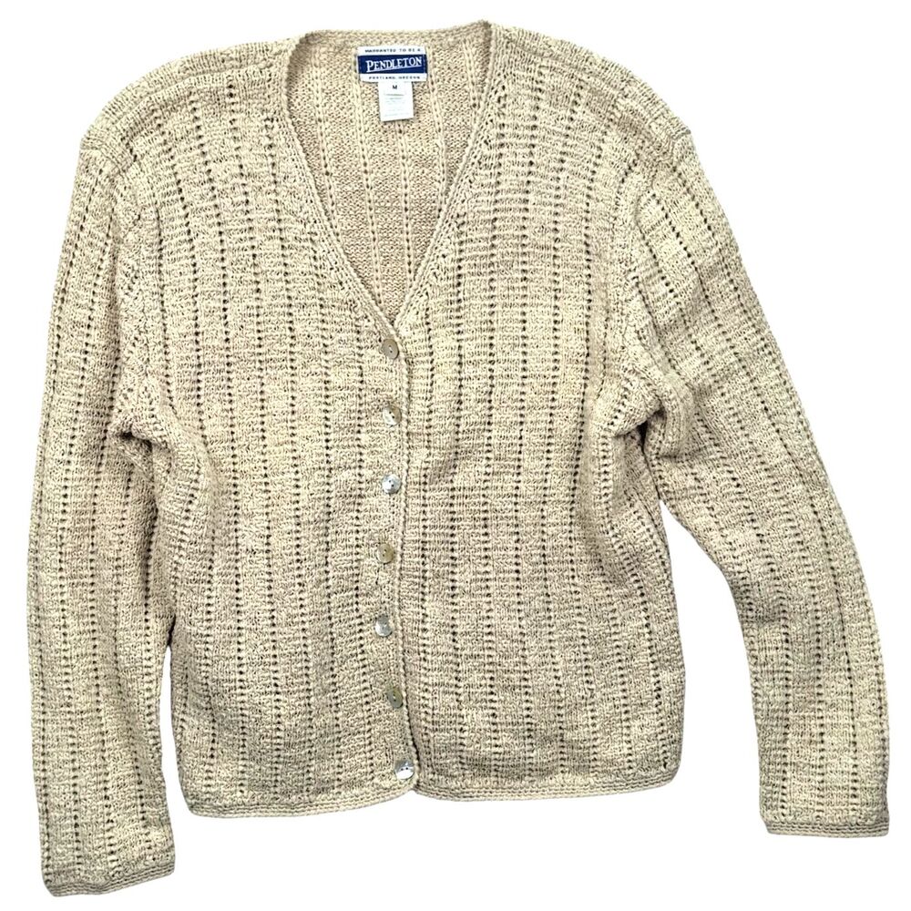Pendleton Vintage 90s Cardigan Sweater M Beige Open Knit Mother of Pearl Buttons - Picture 2 of 6